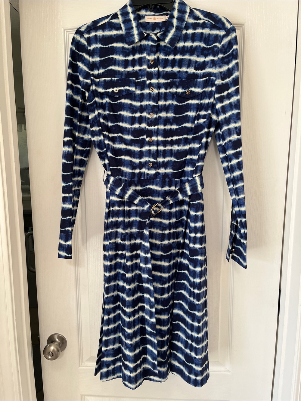 Tory Burch Navy and White Tie-Dye Shirt Dress with Belt, 10